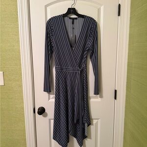 BCBGMaxAzria Navy and White Striped Long-Sleeve Wrap Dress
